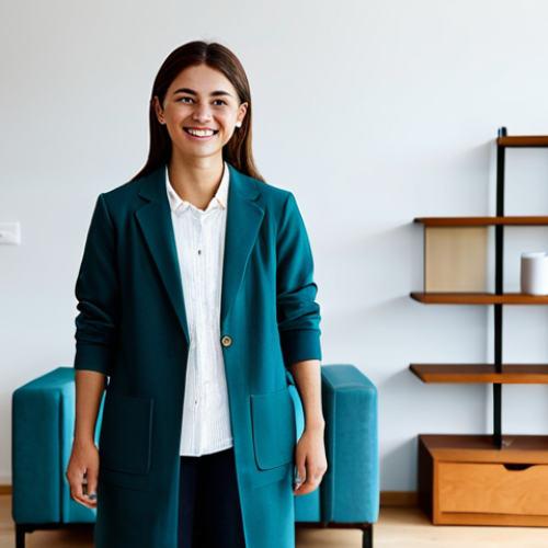 A serene young professional woman, fully clothed in modest, comfortable everyday attire, stands gently smiling in her tastefully minimalist studio apartment. The modern living space is bathed in soft natural light, showcasing smart multi-functional furniture and organized high shelves. The scene conveys a sense of calm and order, highlighting the beauty of a decluttered environment. Professional photography, high resolution, detailed, cinematic composition, safe for work, appropriate content, fully clothed, modest clothing, perfect anatomy, correct proportions, natural pose, well-formed hands, proper finger count, natural body proportions, family-friendly.