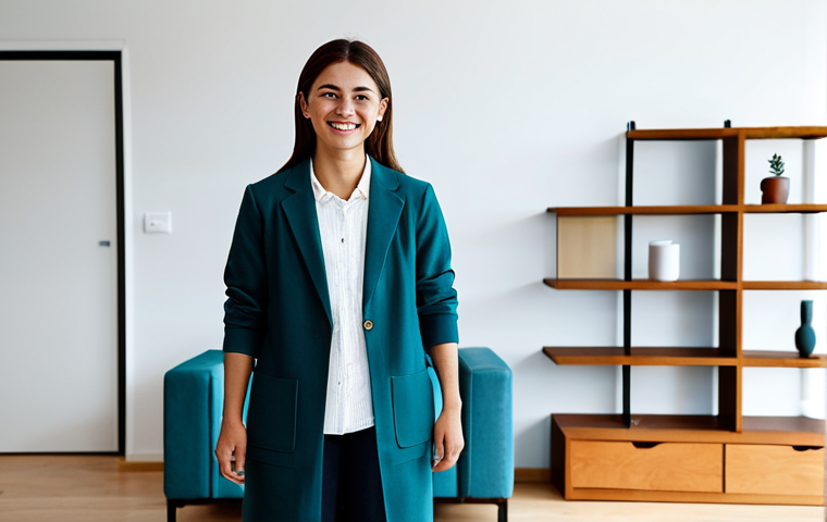 A serene young professional woman, fully clothed in modest, comfortable everyday attire, stands gently smiling in her tastefully minimalist studio apartment. The modern living space is bathed in soft natural light, showcasing smart multi-functional furniture and organized high shelves. The scene conveys a sense of calm and order, highlighting the beauty of a decluttered environment. Professional photography, high resolution, detailed, cinematic composition, safe for work, appropriate content, fully clothed, modest clothing, perfect anatomy, correct proportions, natural pose, well-formed hands, proper finger count, natural body proportions, family-friendly.