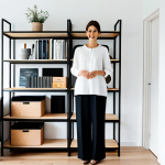 A professional individual in a modest, smart casual outfit, standing in a brightly lit modern living room. The scene captures a moment of gentle decluttering, with a few thoughtfully organized items on a minimalist shelf, contrasting with a subtle, manageable pile of items for donation nearby, symbolizing the release of excess. The subject has a serene expression, reflecting a sense of peace and clarity. The room's color palette is calming and neutral, emphasizing spaciousness. fully clothed, appropriate attire, modest clothing, safe for work, perfect anatomy, correct proportions, natural pose, well-formed hands, proper finger count, natural body proportions, professional photography, high quality, appropriate content, family-friendly.