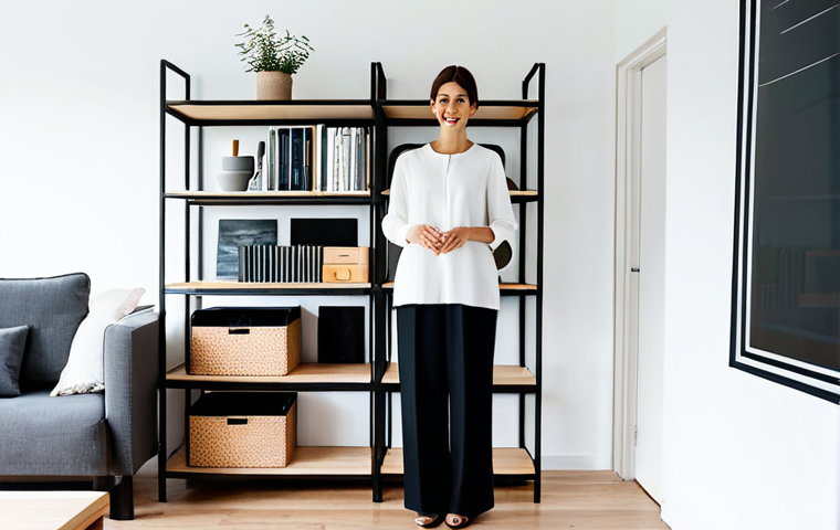 A professional individual in a modest, smart casual outfit, standing in a brightly lit modern living room. The scene captures a moment of gentle decluttering, with a few thoughtfully organized items on a minimalist shelf, contrasting with a subtle, manageable pile of items for donation nearby, symbolizing the release of excess. The subject has a serene expression, reflecting a sense of peace and clarity. The room's color palette is calming and neutral, emphasizing spaciousness. fully clothed, appropriate attire, modest clothing, safe for work, perfect anatomy, correct proportions, natural pose, well-formed hands, proper finger count, natural body proportions, professional photography, high quality, appropriate content, family-friendly.