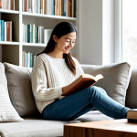 **

A bright and airy living room, featuring minimal furniture: a simple couch, a small coffee table with a plant, and a bookshelf with a few carefully selected books.  Large windows let in natural light.  A woman, fully clothed in a comfortable, modest outfit (jeans and a sweater), is peacefully reading.  The overall feeling is calm and uncluttered. Safe for work, appropriate content, professional, modest, perfect anatomy, natural proportions, well-formed hands, proper finger count, family-friendly.

**