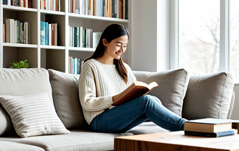**
A bright and airy living room, featuring minimal furniture: a simple couch, a small coffee table with a plant, and a bookshelf with a few carefully selected books. Large windows let in natural light. A woman, fully clothed in a comfortable, modest outfit (jeans and a sweater), is peacefully reading. The overall feeling is calm and uncluttered. Safe for work, appropriate content, professional, modest, perfect anatomy, natural proportions, well-formed hands, proper finger count, family-friendly.
**