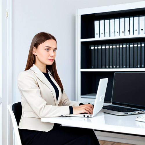 Modern Woman in a Minimalist Office**

"A professional Russian businesswoman in a stylish, modest business suit, working at a clean desk in a bright, minimalist office. She is using a laptop. Shelves behind her contain neatly organized files, but primarily digital storage devices (hard drives, etc.). Fully clothed, appropriate attire, safe for work. Perfect anatomy, natural proportions, professional photography, high quality, family-friendly."

**
