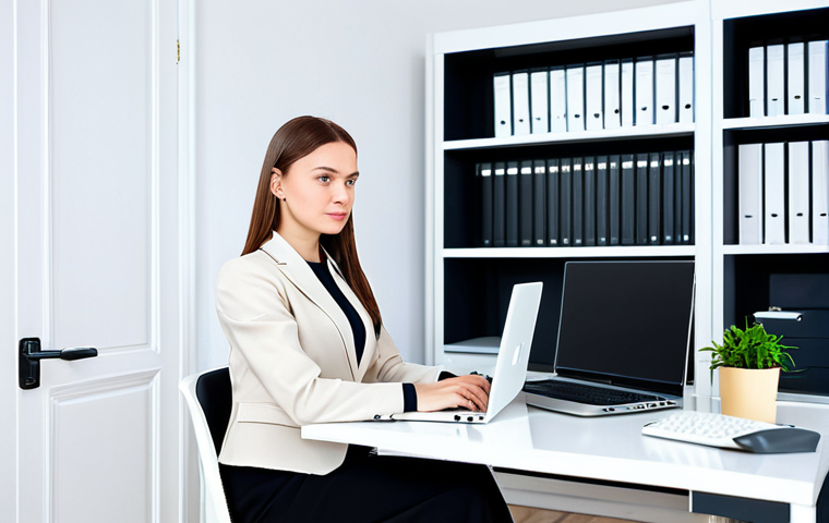 Modern Woman in a Minimalist Office**
"A professional Russian businesswoman in a stylish, modest business suit, working at a clean desk in a bright, minimalist office. She is using a laptop. Shelves behind her contain neatly organized files, but primarily digital storage devices (hard drives, etc.). Fully clothed, appropriate attire, safe for work. Perfect anatomy, natural proportions, professional photography, high quality, family-friendly."
**