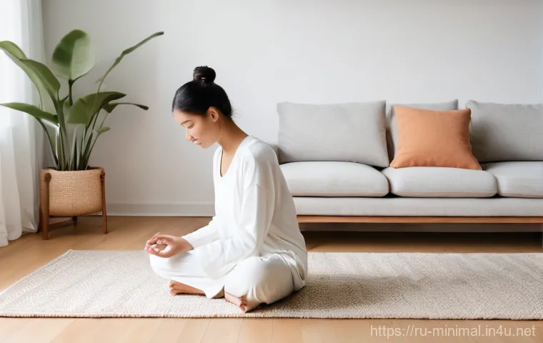 미니멀라이프 스트레스 해소법 - **Prompt:** A serene and tastefully minimalist living room bathed in soft, natural morning light. A ...