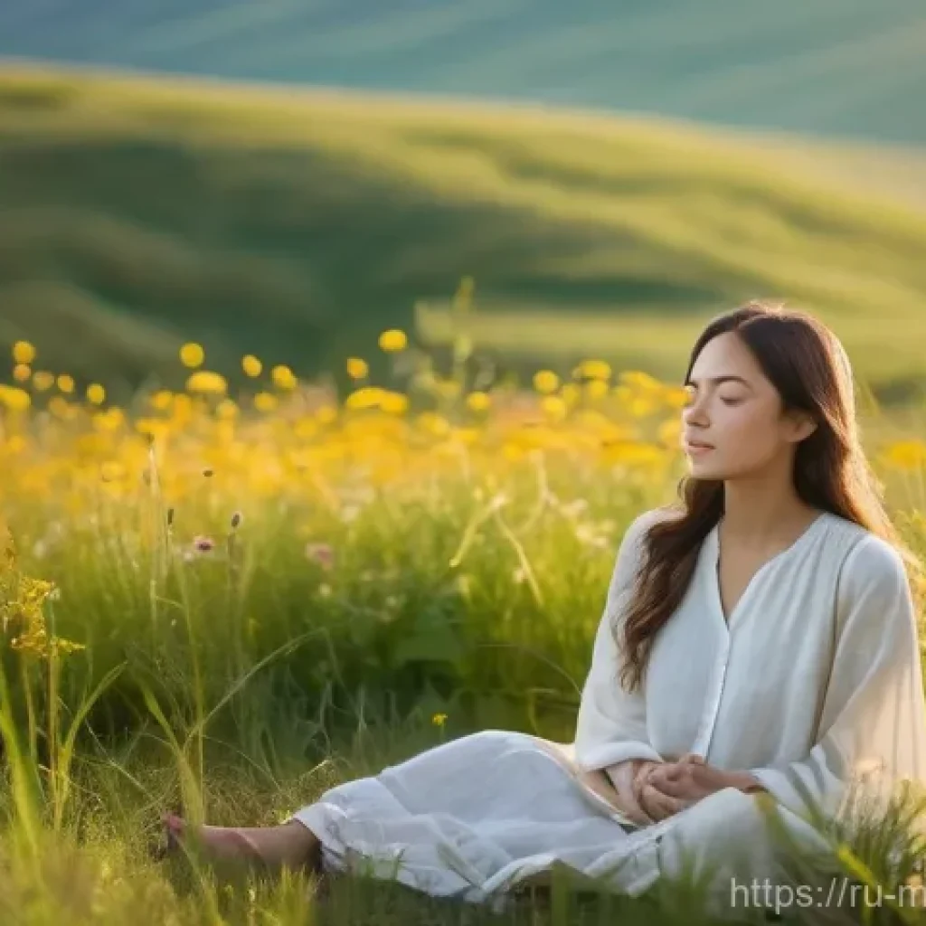 미니멀라이프 여유있는 삶 - **"Quiet Reflection in a Serene Meadow"**
    A young woman, around 20-25 years old, sits peacefully...
