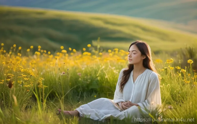 미니멀라이프 여유있는 삶 - **"Quiet Reflection in a Serene Meadow"**
    A young woman, around 20-25 years old, sits peacefully...