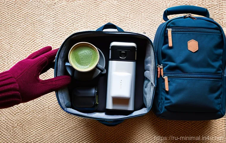 미니멀라이프 외출 준비물 리스트 - **Prompt:** A high-angle, meticulously arranged flat lay photograph showcasing the interior of an op...