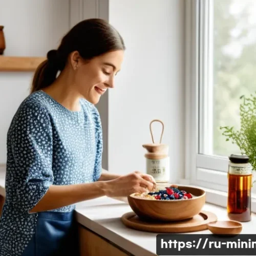 미니멀라이프 운동 없이 체중 관리 - A cozy, sunlit modern kitchen scene showcasing a Russian woman in casual home attire preparing a hea...