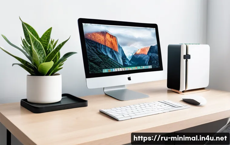 미니멀라이프 사무실 물건 줄이기 - A modern minimalist office desk setup in a bright, well-lit room featuring a sleek laptop, large mon...