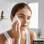 Home 23 미니멀라이프 뷰티 루틴 - A bright, modern bathroom scene featuring a young Russian woman with clear, combination skin gently ...
