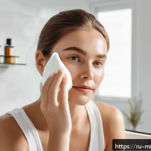 Home 17 미니멀라이프 뷰티 루틴 - A bright, modern bathroom scene featuring a young Russian woman with clear, combination skin gently ...