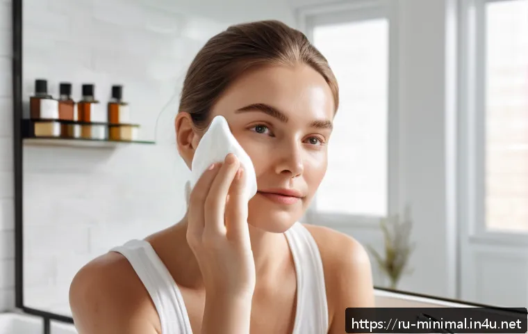 미니멀라이프 뷰티 루틴 - A bright, modern bathroom scene featuring a young Russian woman with clear, combination skin gently ...