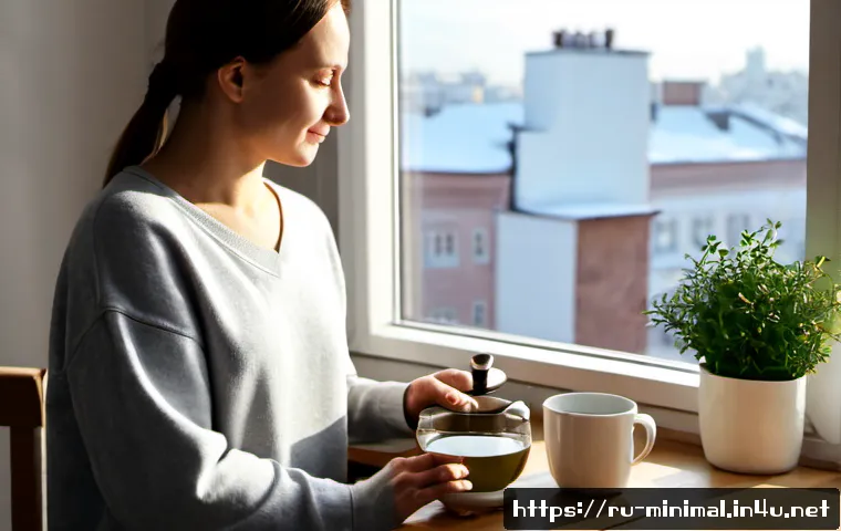 Home 17 미니멀라이프 일상 습관 - Photorealistic minimalist morning routine in a bright Moscow apartment, a calm Russian adult in simp...