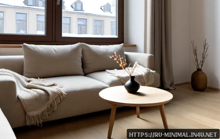 Home 17 미니멀라이프 리빙룸 꾸미기 - Photorealistic minimalist living room in a contemporary Moscow apartment, pale oak floor, warm white...
